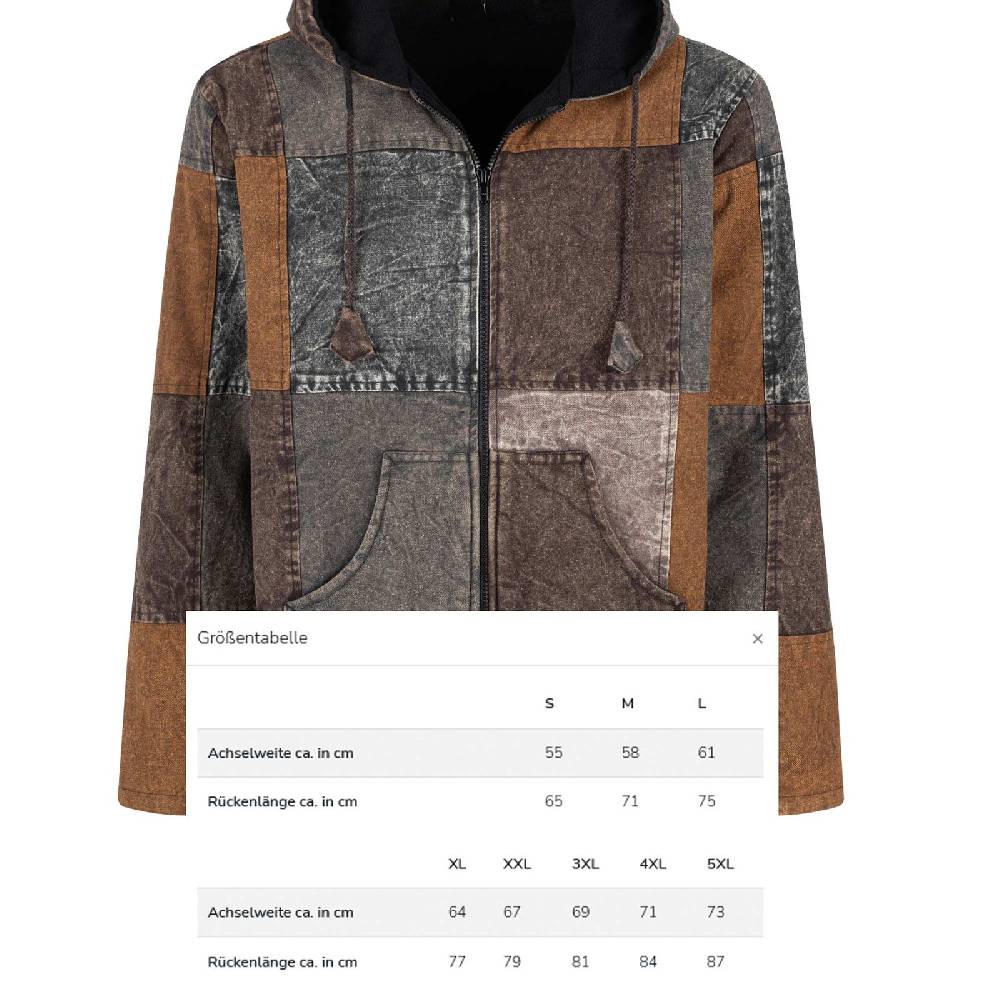 Kunst Und Magie Patchwork Jacke Baja Hoodie Herren alternativ Kapuzenjacke Goa Fleecefutter Nachhaltig Fair zollfrei