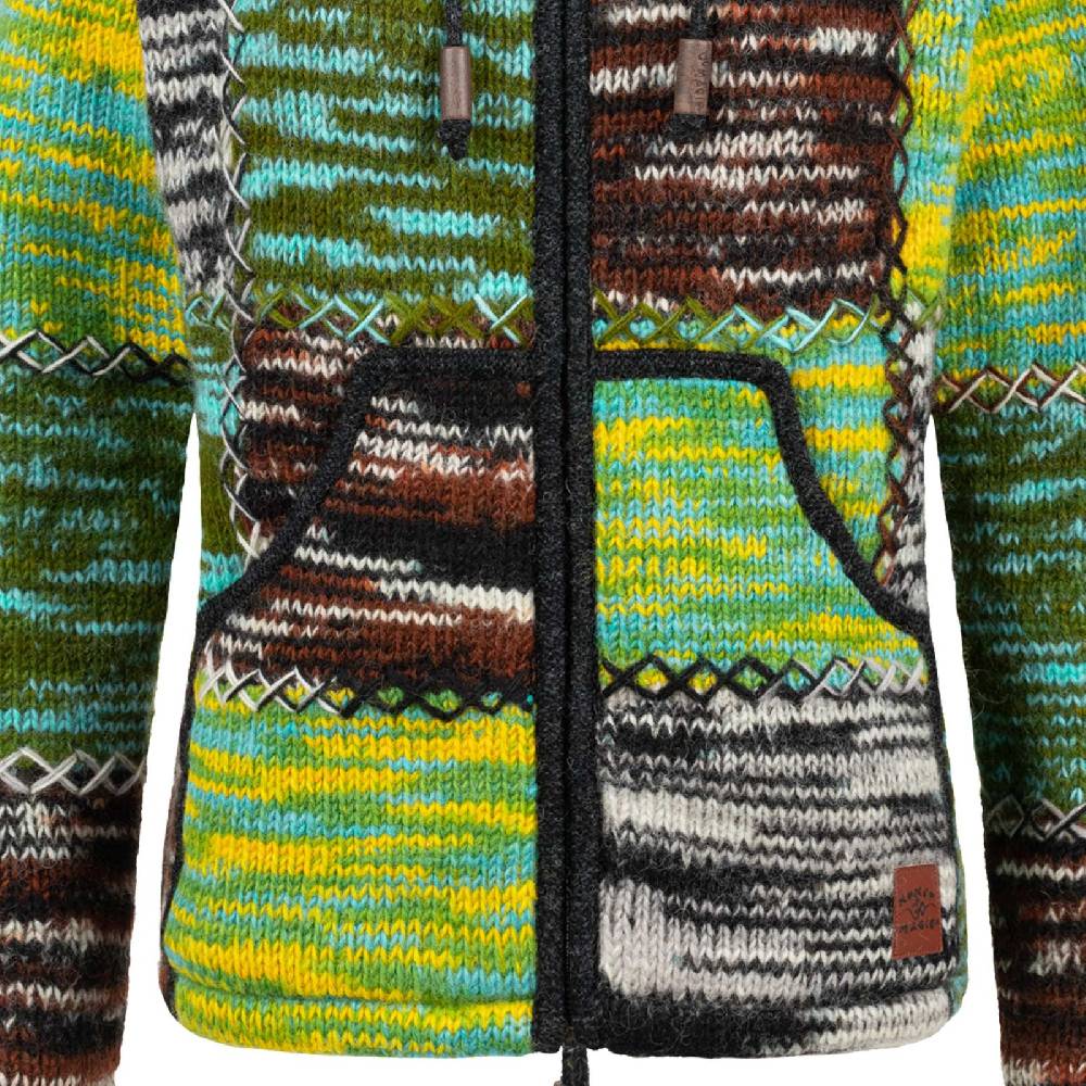 Kunst Und Magie Damen Strickjacke Goa Wolle Bunte Patchwork Winter Jacke Fleecefutter Hochkragen Zipfelkapuze Günstiger Verkauf