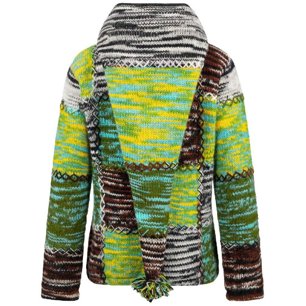 Kunst Und Magie Damen Strickjacke Goa Wolle Bunte Patchwork Winter Jacke Fleecefutter Hochkragen Zipfelkapuze Günstiger Verkauf