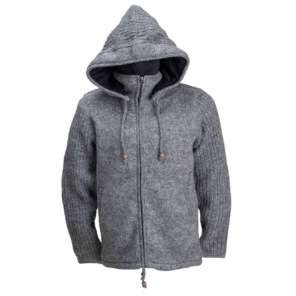 Kunst Und Magie Strickjacke Schurwolle Klassich Nordisch Wolle Jacke mit Kapuze Kragen Futter Unisex Grau Cyber Monday