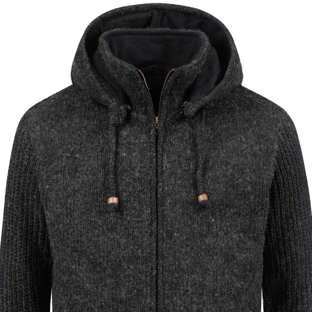 Kunst Und Magie Strickjacke Schurwolle Klassich Nordisch Wolle Jacke mit Kapuze Kragen Futter Unisex Schwarz Osterangebot