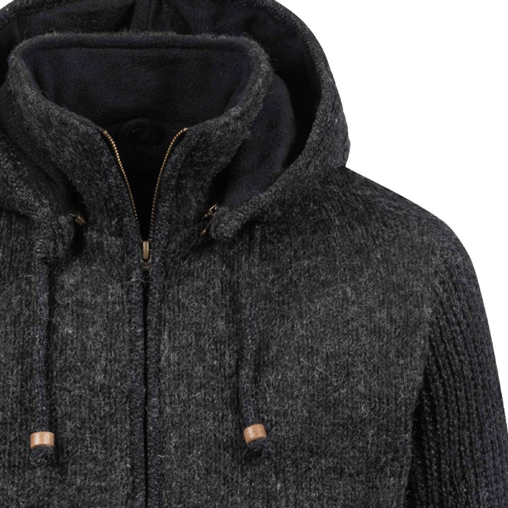 Kunst Und Magie Strickjacke Schurwolle Klassich Nordisch Wolle Jacke mit Kapuze Kragen Futter Unisex Schwarz Osterangebot