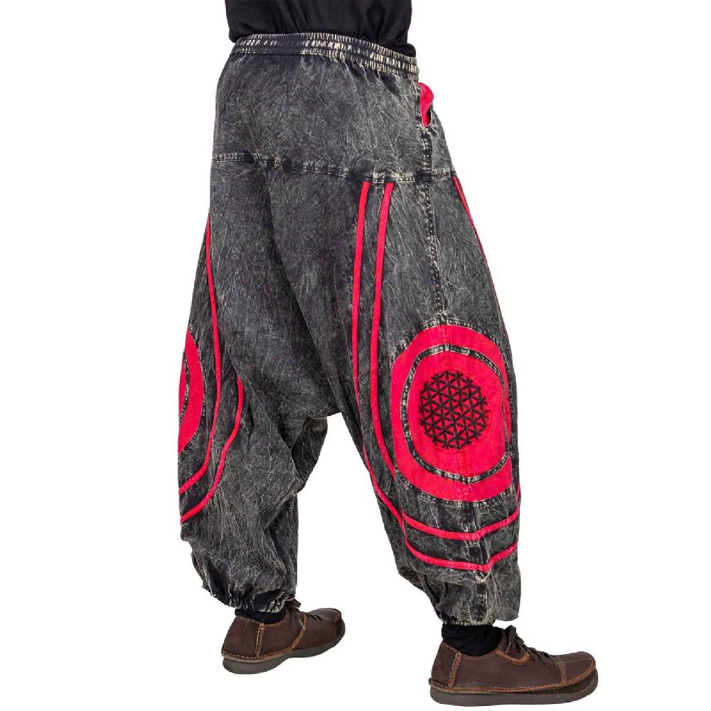 Kunst Und Magie Unisex Psy Baggy Pants Hippie Hose Goa Baumwoll Haremshose Stonewashed Blume des Lebens Lagerräumung