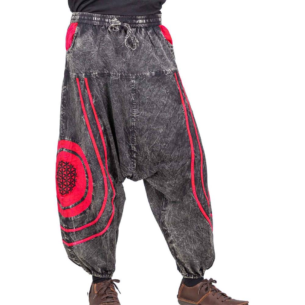 Kunst Und Magie Unisex Psy Baggy Pants Hippie Hose Goa Baumwoll Haremshose Stonewashed Blume des Lebens Lagerräumung