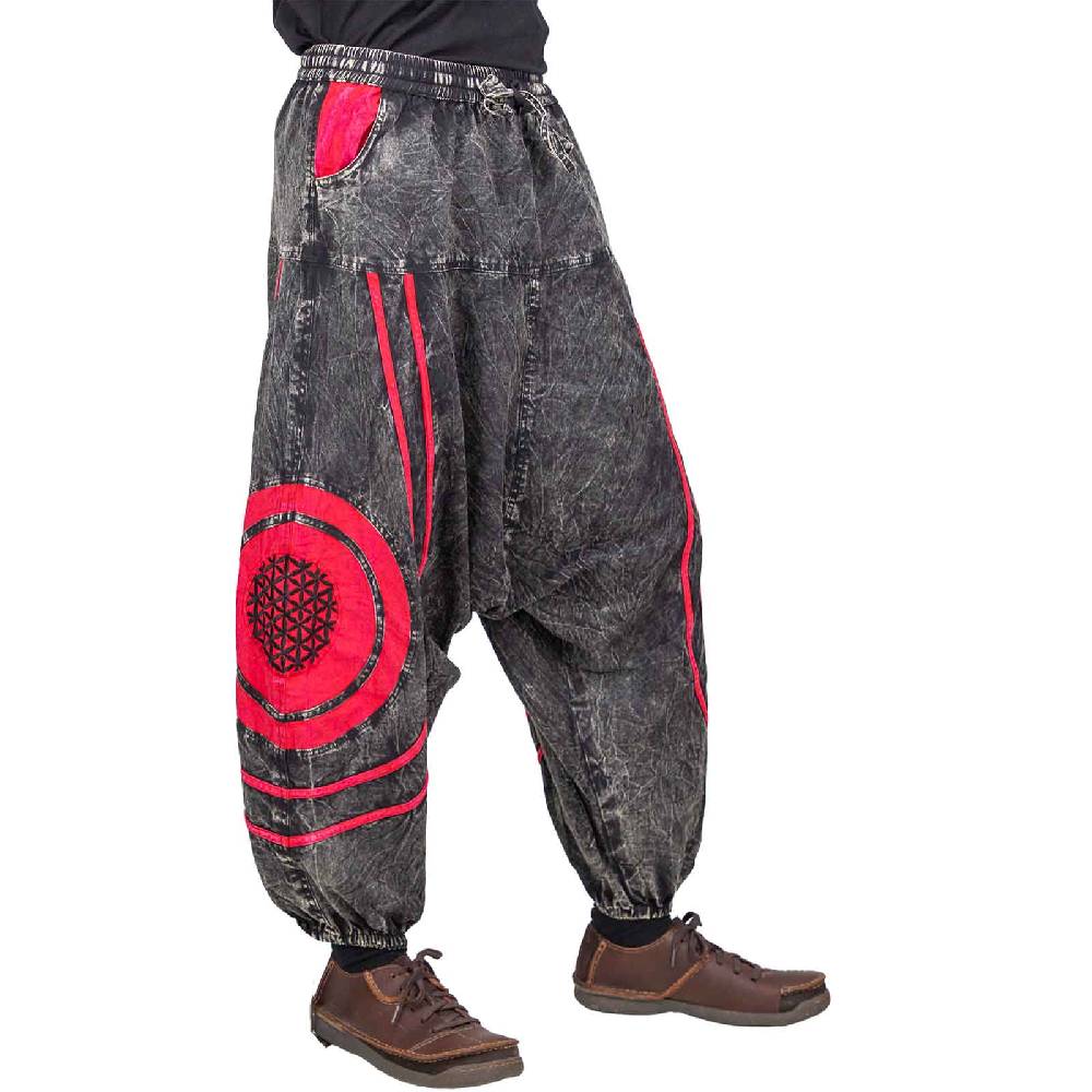 Kunst Und Magie Unisex Psy Baggy Pants Hippie Hose Goa Baumwoll Haremshose Stonewashed Blume des Lebens Lagerräumung