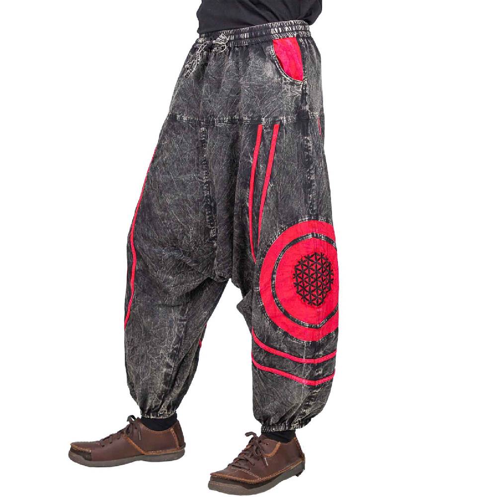 Kunst Und Magie Unisex Psy Baggy Pants Hippie Hose Goa Baumwoll Haremshose Stonewashed Blume des Lebens Lagerräumung
