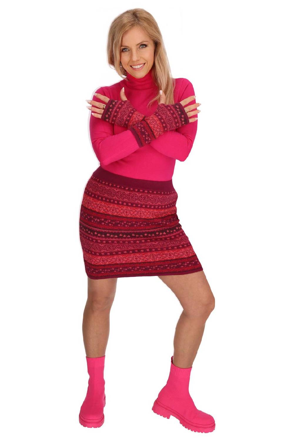 Kunst Und Magie Strickrock Knielanger Rock aus Feinstrick Jaquard Baumwolle Boho Blitzangebot