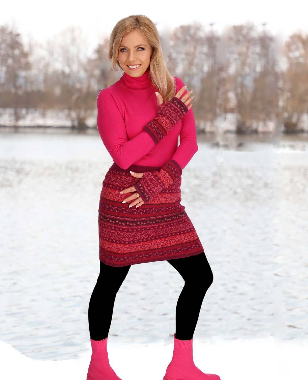 Kunst Und Magie Strickrock Knielanger Rock aus Feinstrick Jaquard Baumwolle Boho Blitzangebot