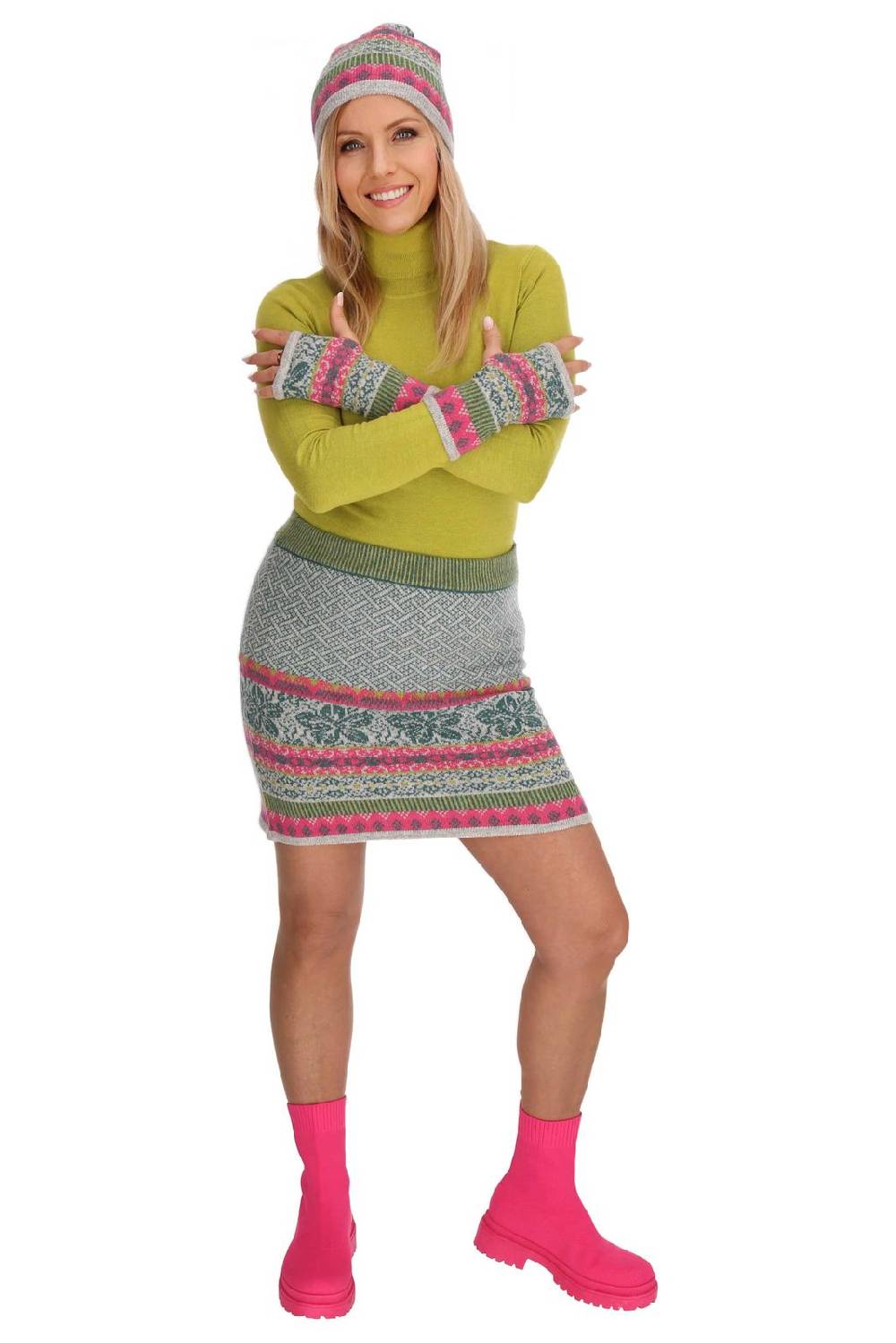 Kunst Und Magie Bunter Strickrock Knielanger Rock aus Schurwolle vom Lamm Lammwolle Wollrock Feinstrick Boho Bestseller