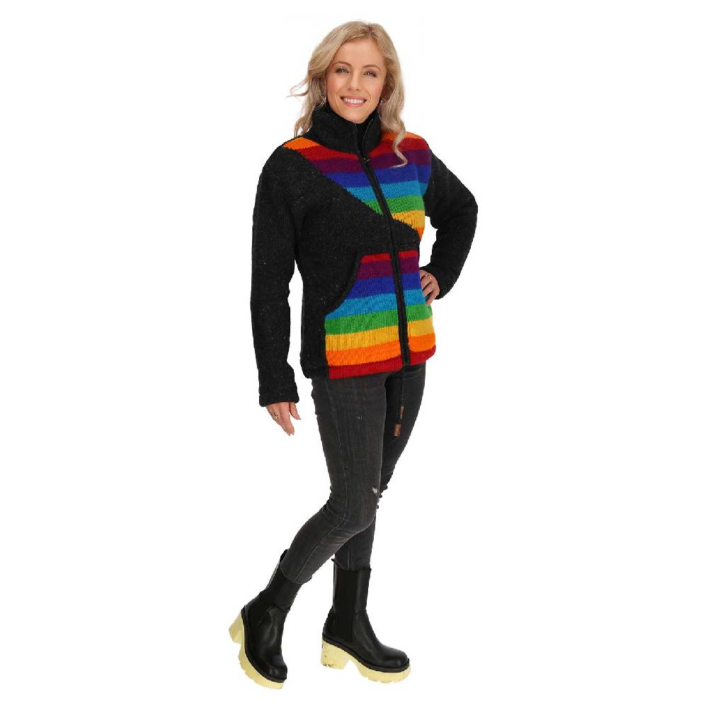 Kunst Und Magie Damen Strickjacke gefütterte Wolljacke Strickpullover Goa Wolle Bunte Jacke Regenbogen Letzter Tag