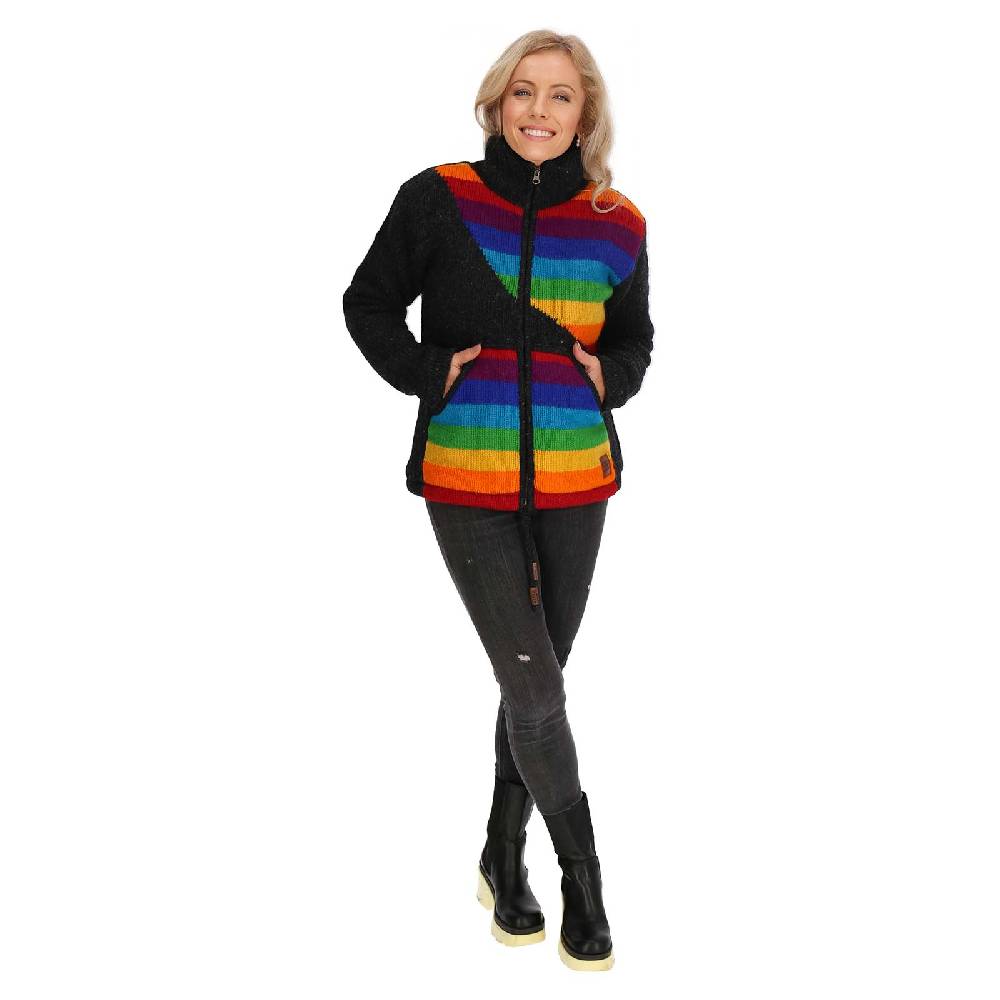 Kunst Und Magie Damen Strickjacke gefütterte Wolljacke Strickpullover Goa Wolle Bunte Jacke Regenbogen Letzter Tag