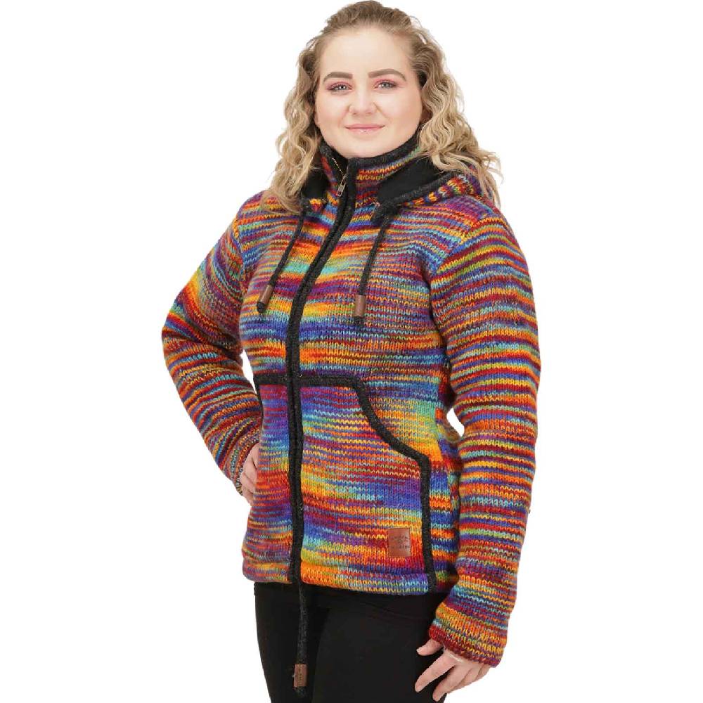 Kunst Und Magie Damen Strickjacke Goa Wolle Bunte Regenbogen Jacke Fleecefutter Hochkragen abnehmbarer Kapuze 50% Rabatt für begrenzte Zeit