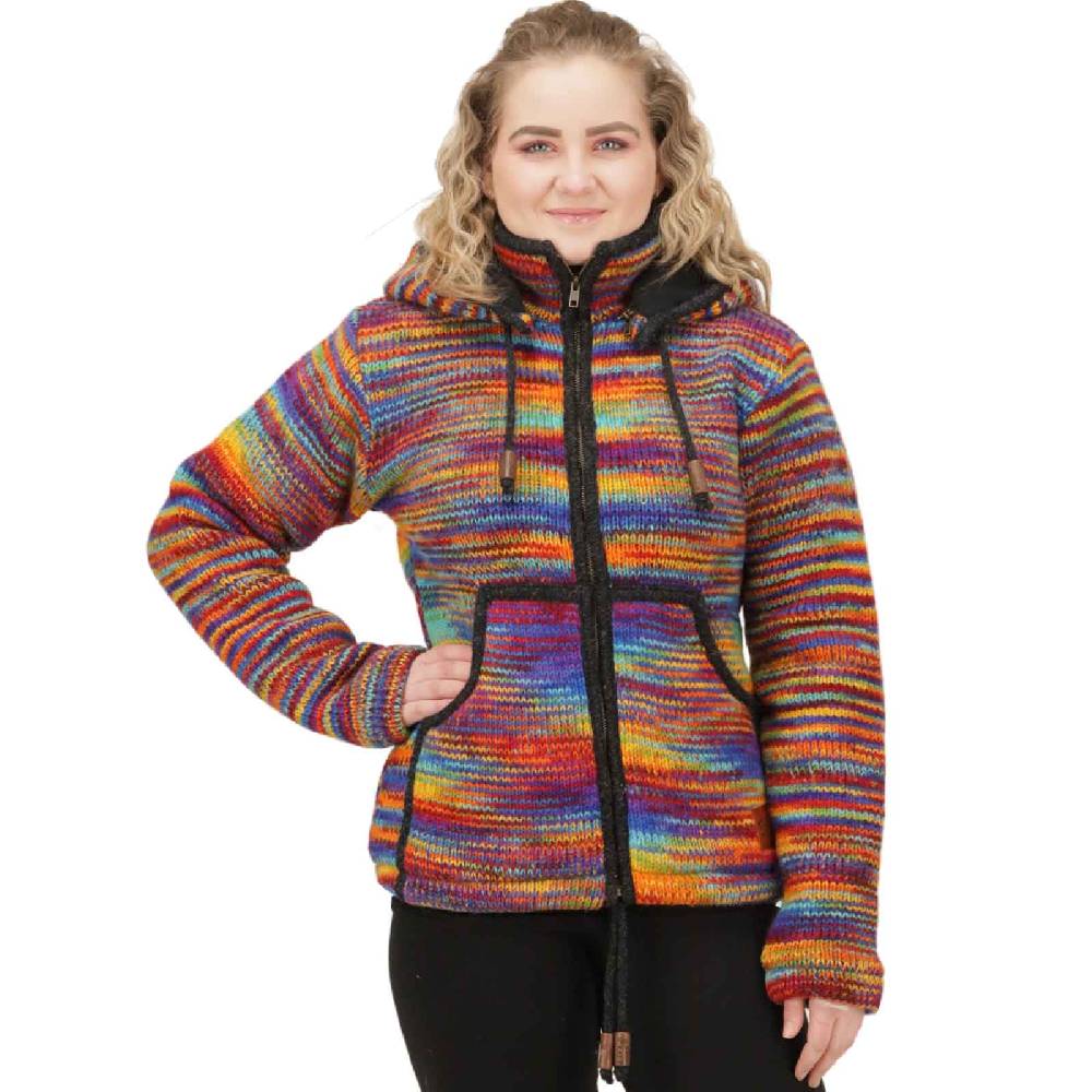 Kunst Und Magie Damen Strickjacke Goa Wolle Bunte Regenbogen Jacke Fleecefutter Hochkragen abnehmbarer Kapuze 50% Rabatt für begrenzte Zeit