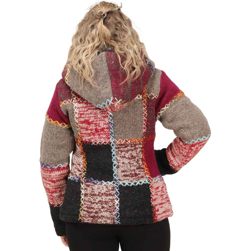 Kunst Und Magie Damen Strickjacke Goa Wolle Bunte Patchwork Jacke Fleecefutter Hochkragen abnehmbarer Kapuze Rabatte dieses Monats