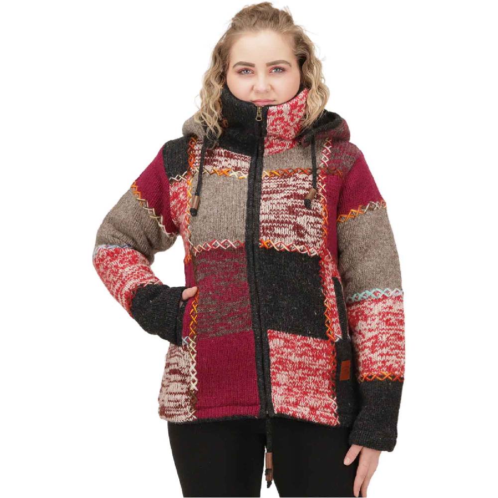 Kunst Und Magie Damen Strickjacke Goa Wolle Bunte Patchwork Jacke Fleecefutter Hochkragen abnehmbarer Kapuze Rabatte dieses Monats
