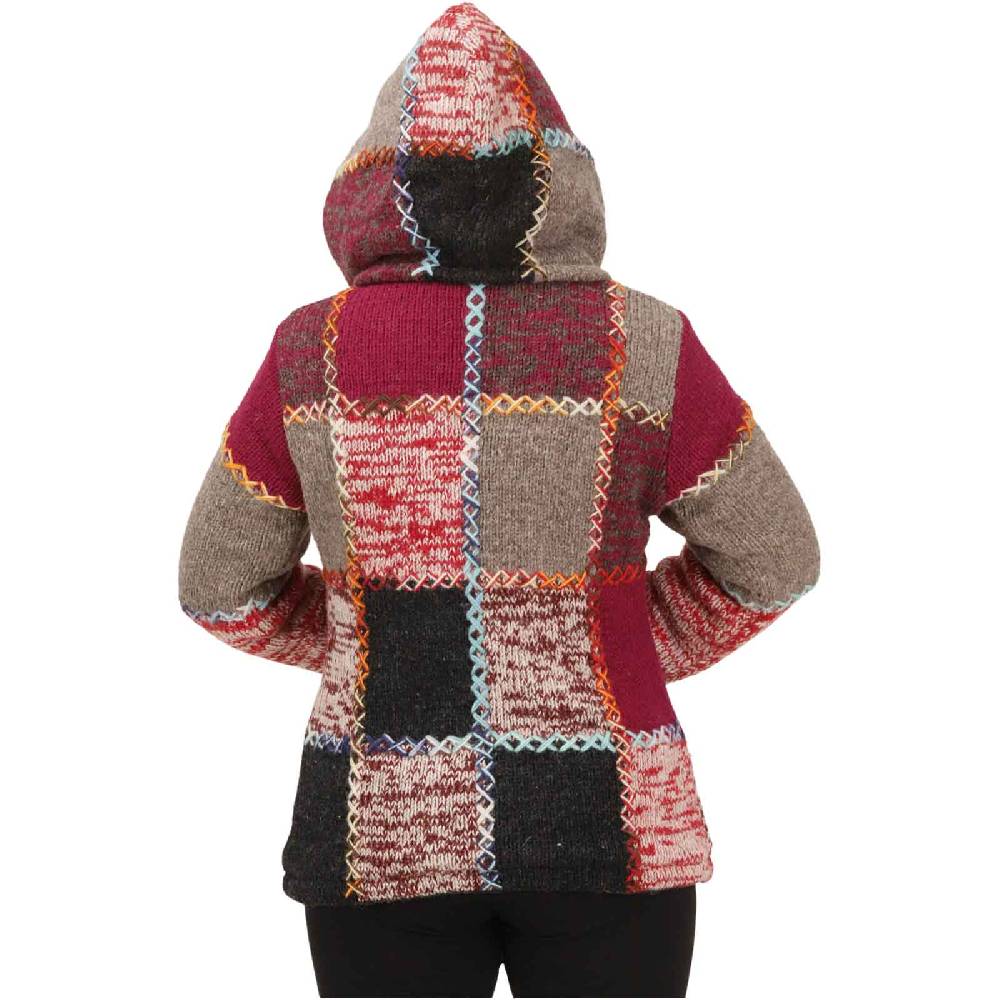 Kunst Und Magie Damen Strickjacke Goa Wolle Bunte Patchwork Jacke Fleecefutter Hochkragen abnehmbarer Kapuze Rabatte dieses Monats