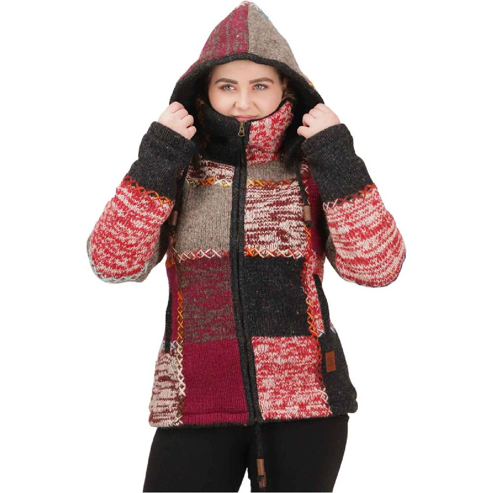 Kunst Und Magie Damen Strickjacke Goa Wolle Bunte Patchwork Jacke Fleecefutter Hochkragen abnehmbarer Kapuze Rabatte dieses Monats