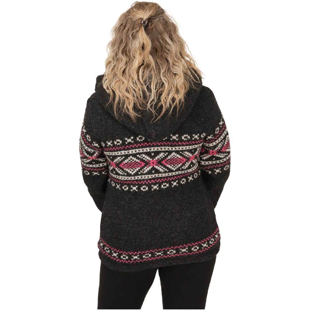 Kunst Und Magie Damen Klassische gefütterte Wolljacke Strickjacke Goa Wolle Jacke Norweger Muster abnehmbarer Kapuze 2025