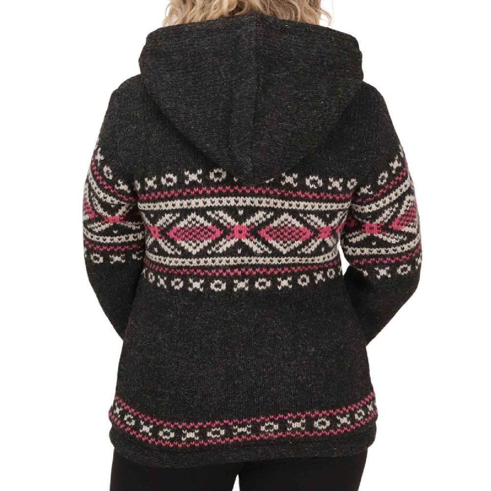 Kunst Und Magie Damen Klassische gefütterte Wolljacke Strickjacke Goa Wolle Jacke Norweger Muster abnehmbarer Kapuze 2025