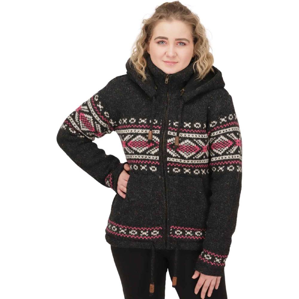 Kunst Und Magie Damen Klassische gefütterte Wolljacke Strickjacke Goa Wolle Jacke Norweger Muster abnehmbarer Kapuze 2025