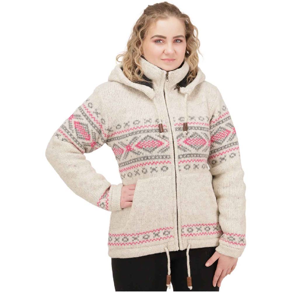 Kunst Und Magie Damen Klassische gefütterte Wolljacke Strickjacke Goa Wolle Jacke Norweger Muster abnehmbarer Kapuze Online