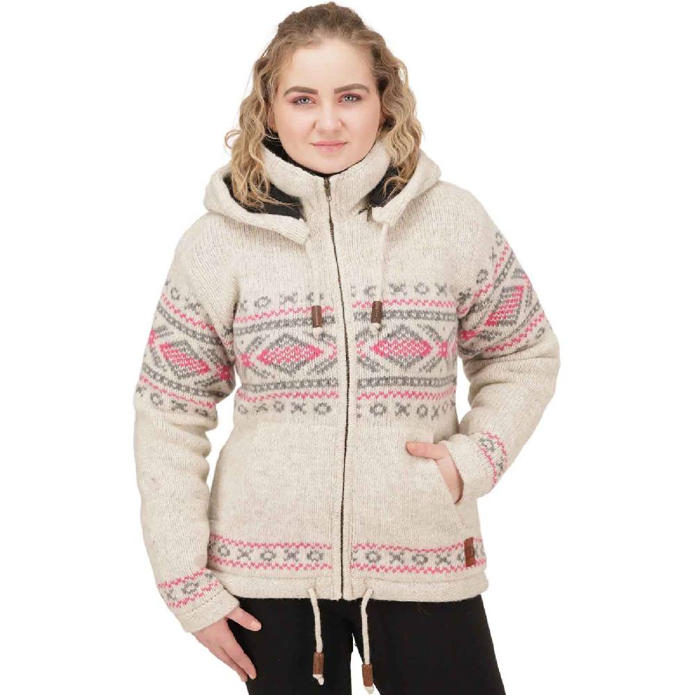 Kunst Und Magie Damen Klassische gefütterte Wolljacke Strickjacke Goa Wolle Jacke Norweger Muster abnehmbarer Kapuze Online
