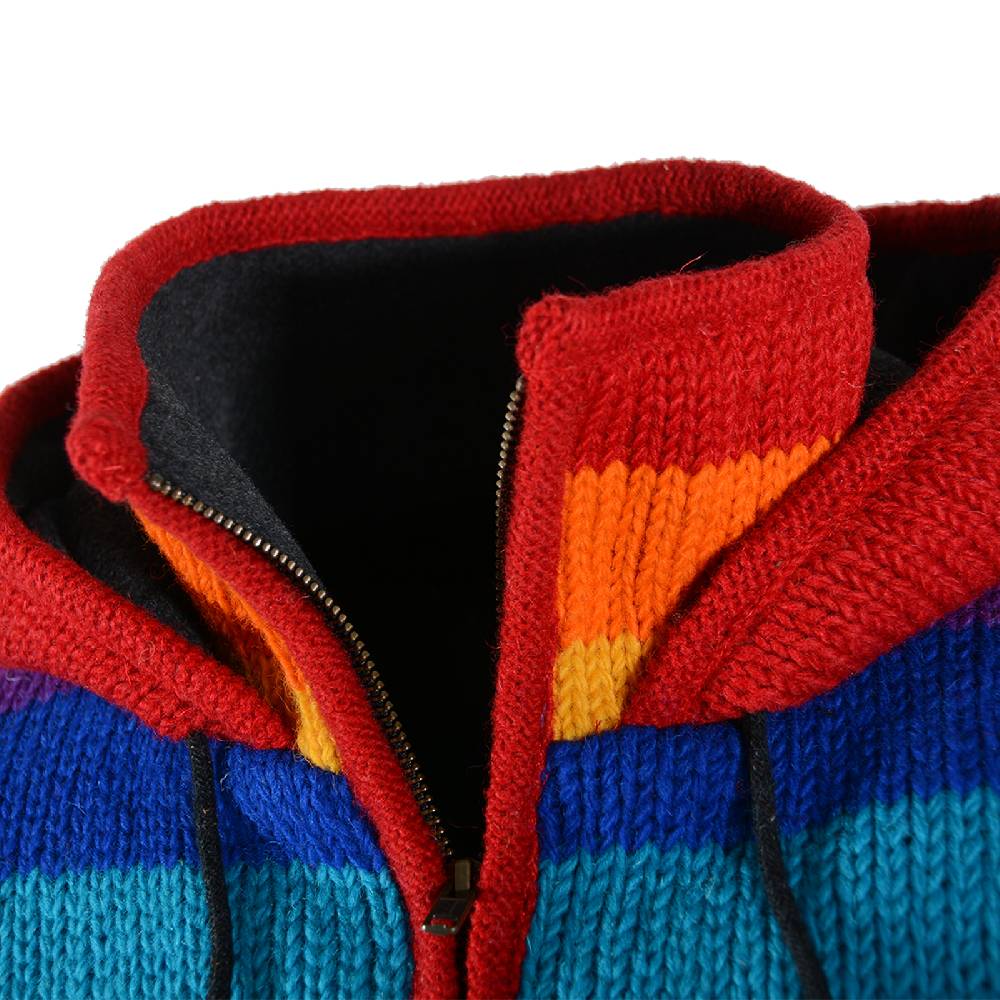 Kunst Und Magie Damen Regenbogen Strickjacke Goa Wolle Jacke mit Fleecefutter und abnehmbarer Kapuze Outlet