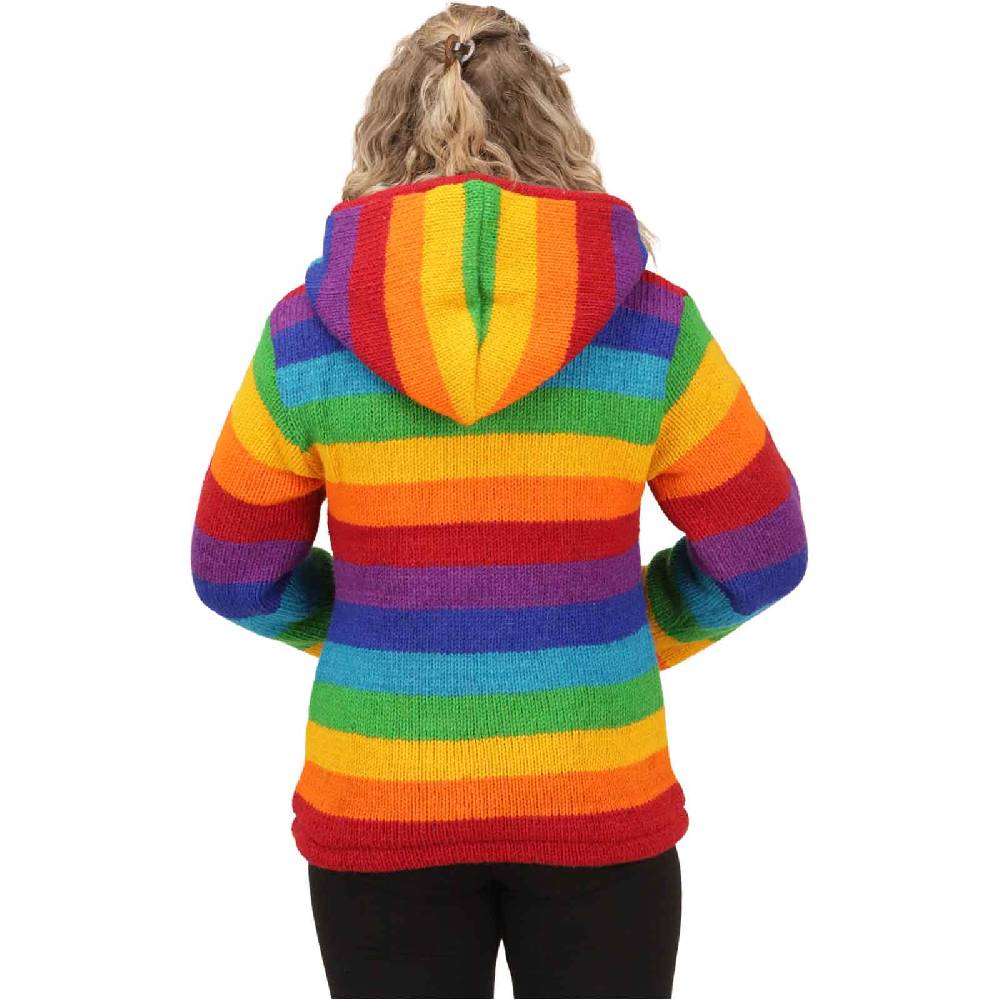 Kunst Und Magie Damen Regenbogen Strickjacke Goa Wolle Jacke mit Fleecefutter und abnehmbarer Kapuze Outlet