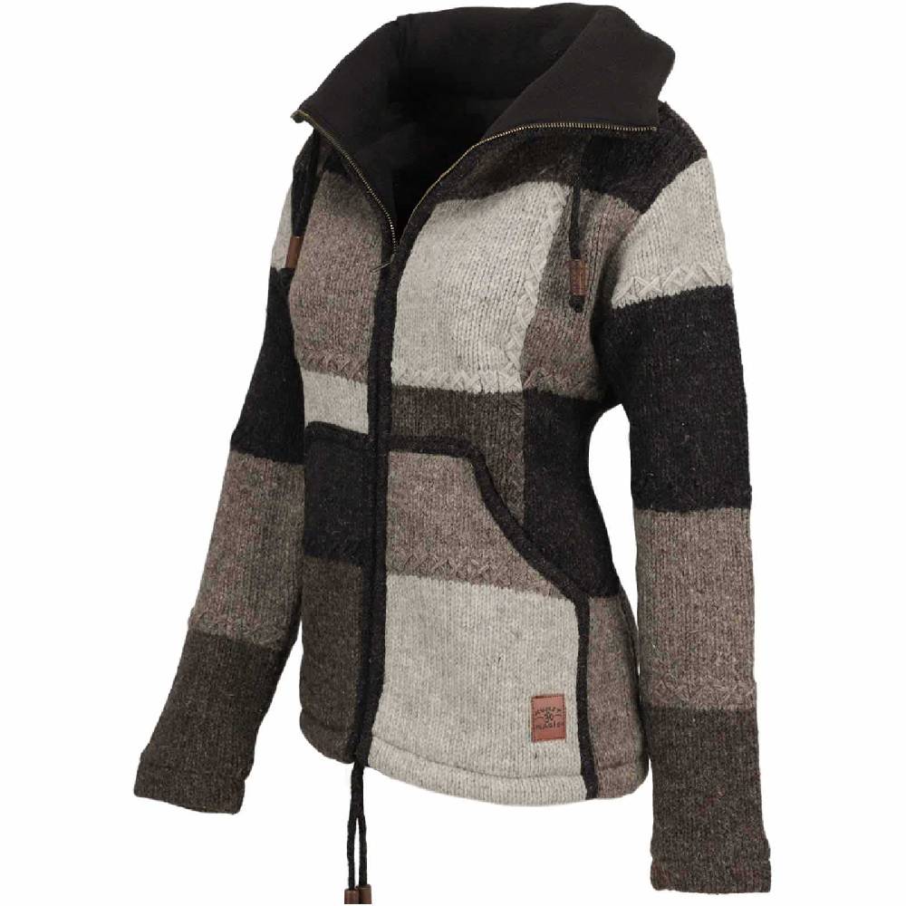 Kunst Und Magie Damen Strickjacke Goa Wolle Bunte Patchwork Jacke mit Fleecefutter und Hochkragen Schlussverkauf