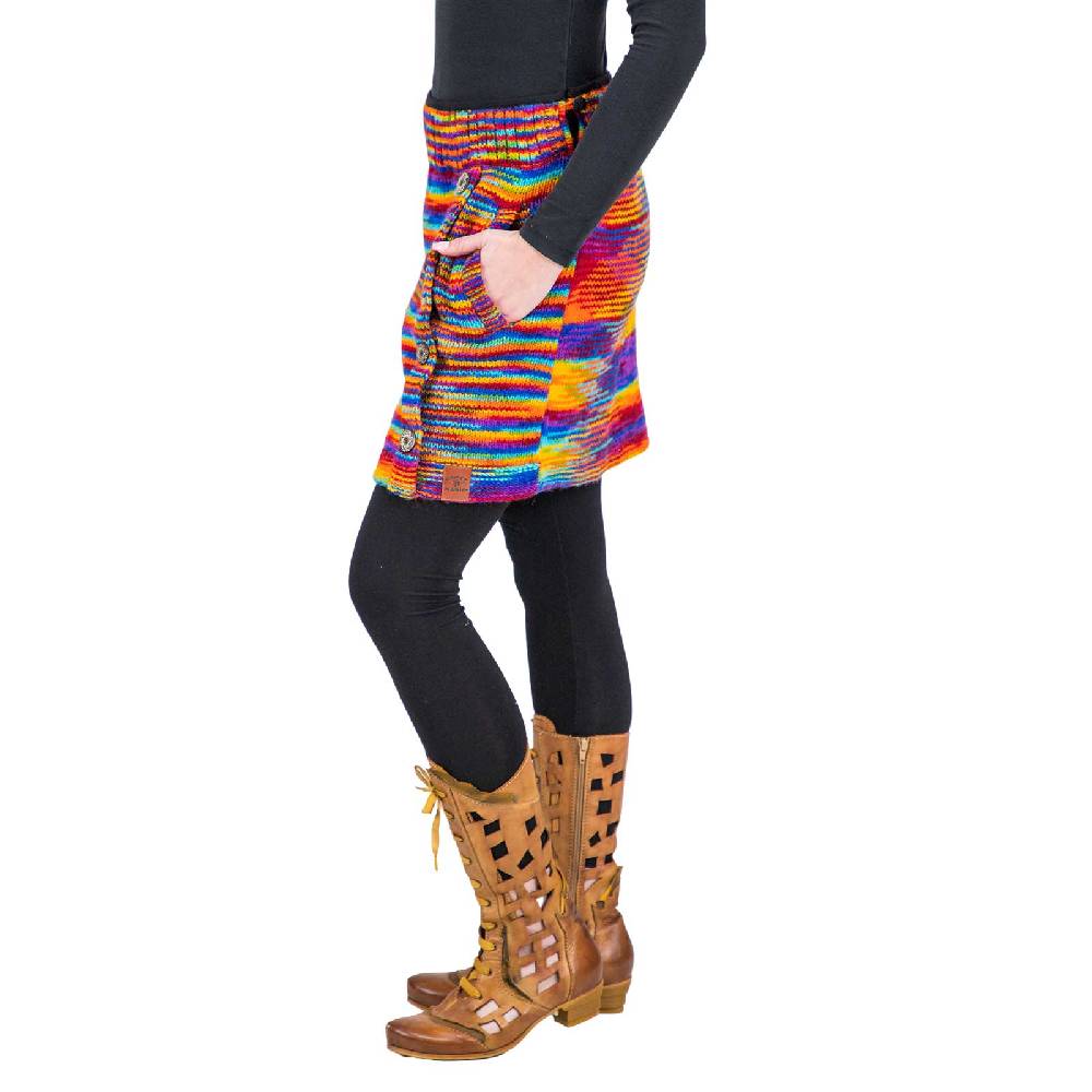 Kunst Und Magie Bunter Strickrock kurzer Rock mit Regenbogen Mustern Wolle gefüttert Hippie Goa Rainbow Günstig kaufen