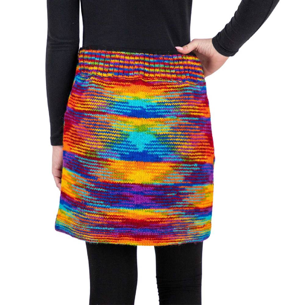 Kunst Und Magie Bunter Strickrock kurzer Rock mit Regenbogen Mustern Wolle gefüttert Hippie Goa Rainbow Günstig kaufen