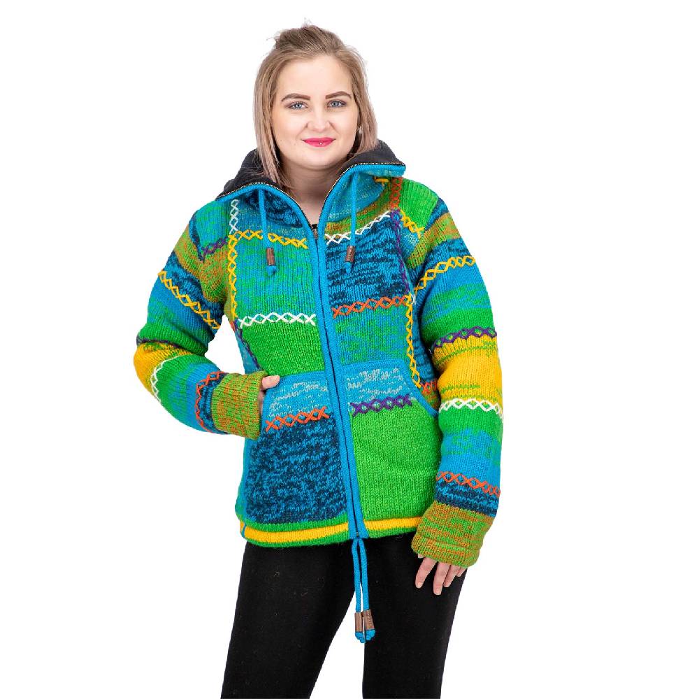 Kunst Und Magie Damen Strickjacke Goa Wolle Bunte Patchwork Jacke mit Fleecefutter und Hochkragen Flash Sale