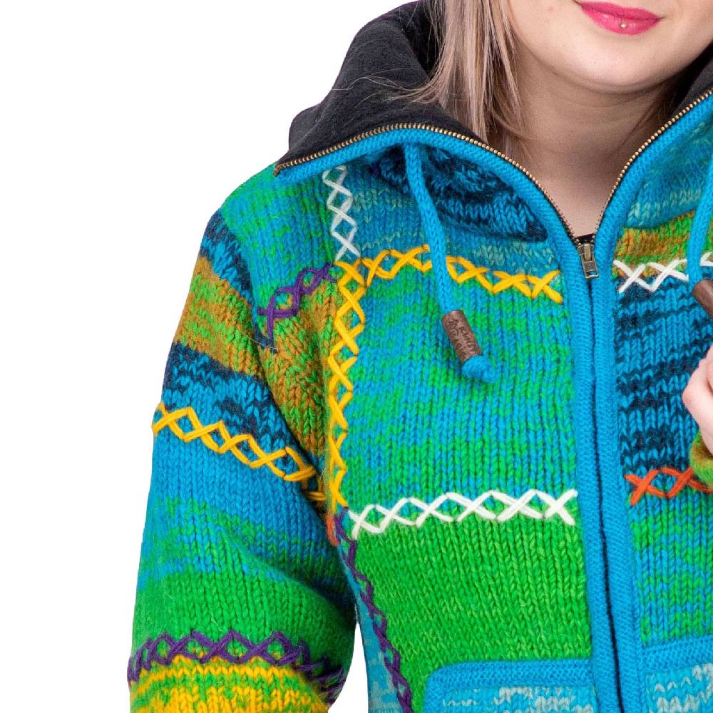 Kunst Und Magie Damen Strickjacke Goa Wolle Bunte Patchwork Jacke mit Fleecefutter und Hochkragen Flash Sale