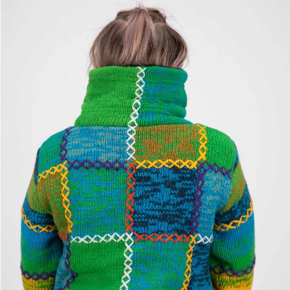 Kunst Und Magie Damen Strickjacke Goa Wolle Bunte Patchwork Jacke mit Fleecefutter und Hochkragen Flash Sale