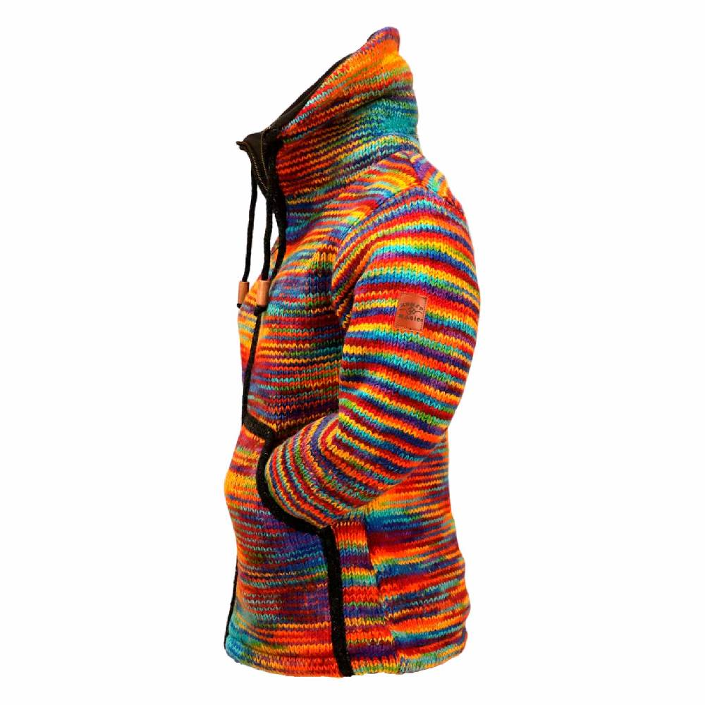 Kunst Und Magie Damen Strickjacke Goa Wolle Bunte Regenbogen Jacke Fleecefutter Hochkragen Goa Boho Fair Black Friday