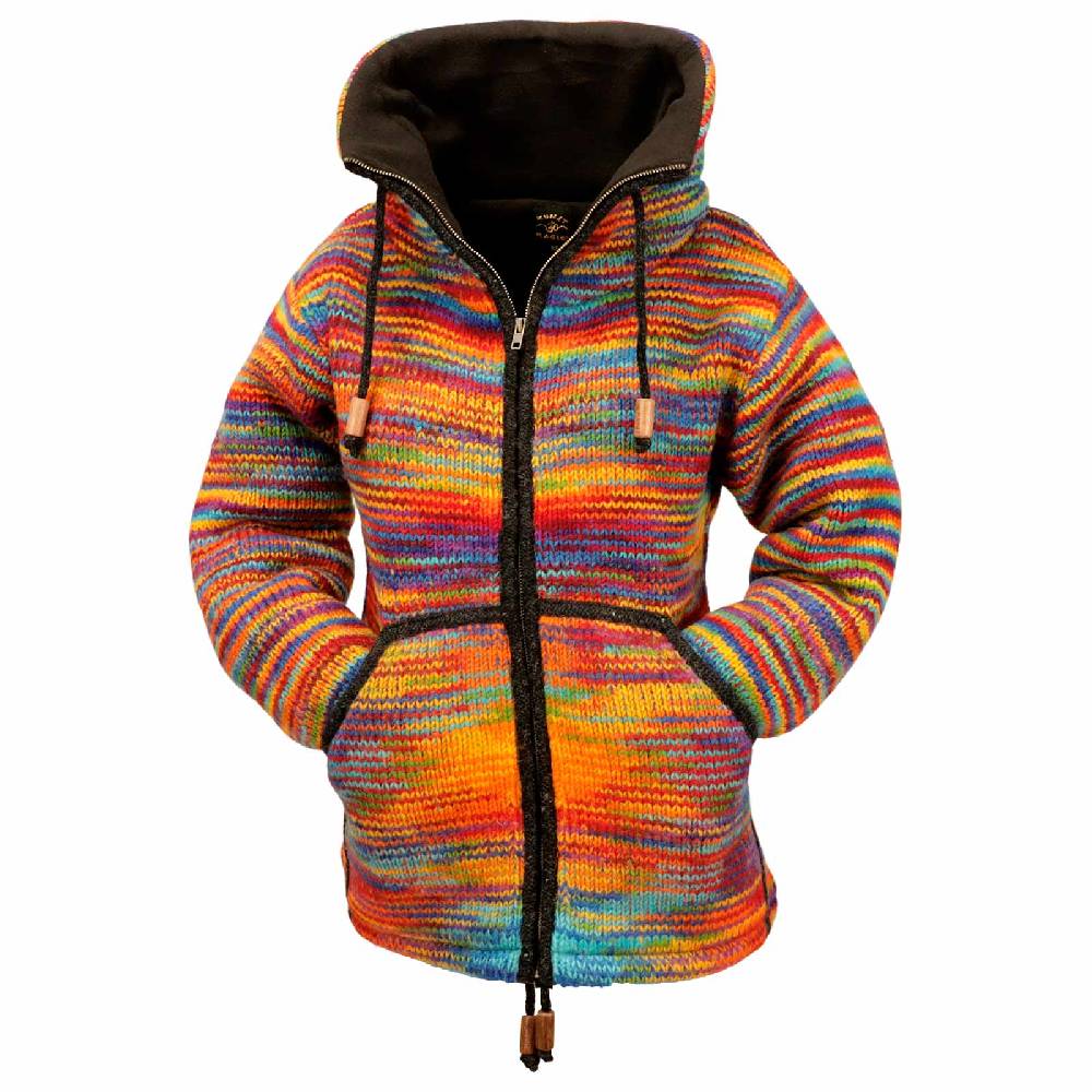 Kunst Und Magie Damen Strickjacke Goa Wolle Bunte Regenbogen Jacke Fleecefutter Hochkragen Goa Boho Fair Black Friday
