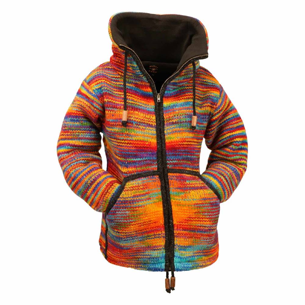 Kunst Und Magie Damen Strickjacke Goa Wolle Bunte Regenbogen Jacke Fleecefutter Hochkragen Goa Boho Fair Black Friday
