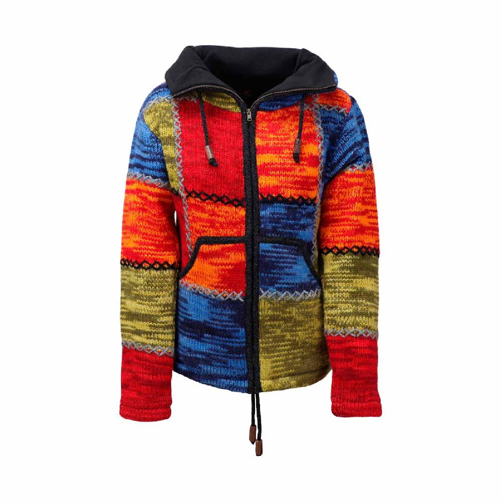 Kunst Und Magie Damen Strickjacke Goa Wolle Bunte Patchwork Jacke mit Fleecefutter und Hochkragen Fair Cyber Monday