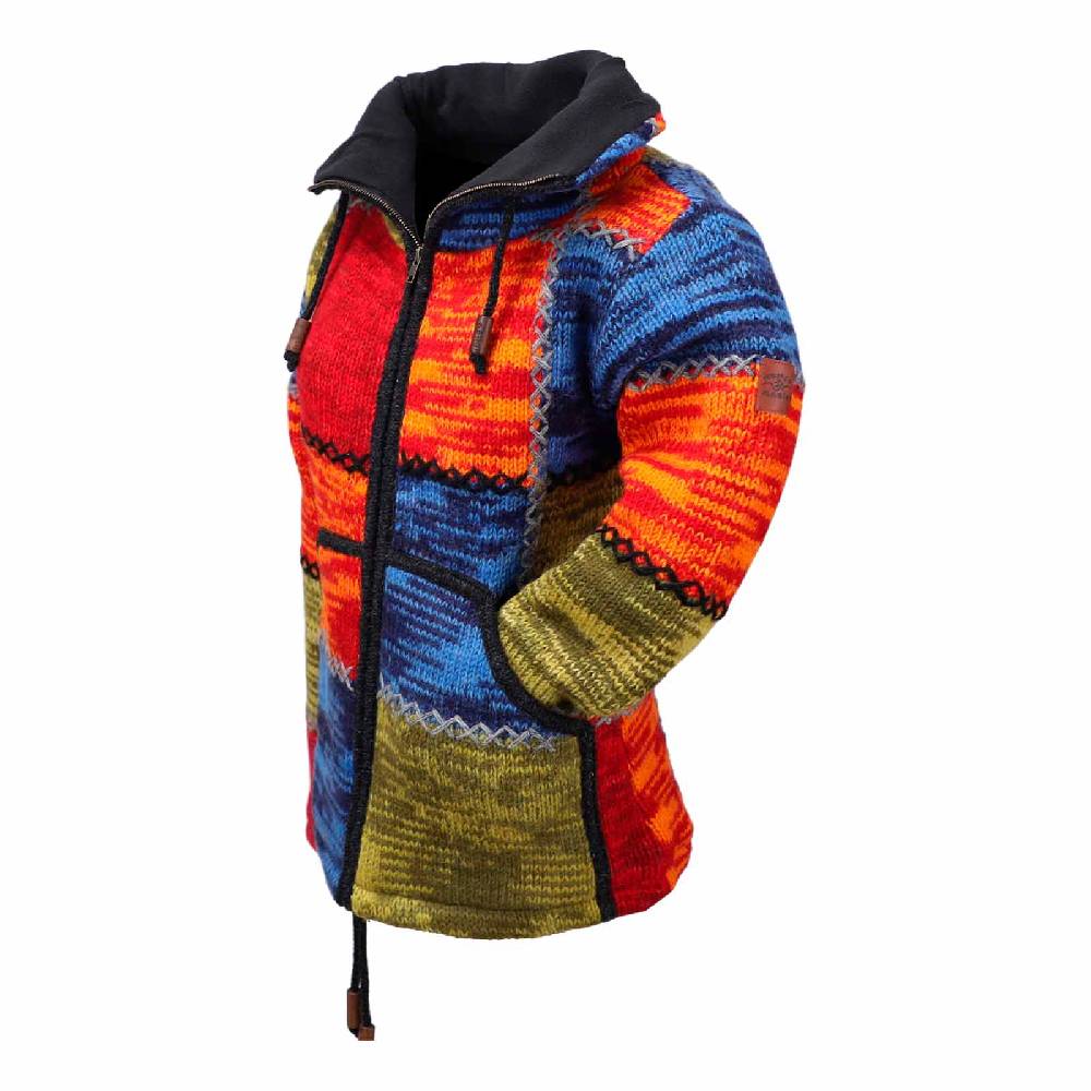 Kunst Und Magie Damen Strickjacke Goa Wolle Bunte Patchwork Jacke mit Fleecefutter und Hochkragen Fair Cyber Monday