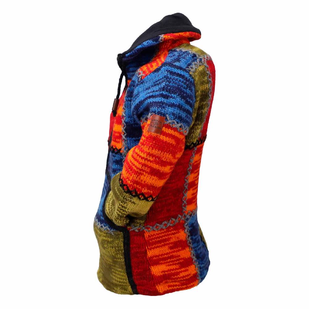 Kunst Und Magie Damen Strickjacke Goa Wolle Bunte Patchwork Jacke mit Fleecefutter und Hochkragen Fair Cyber Monday