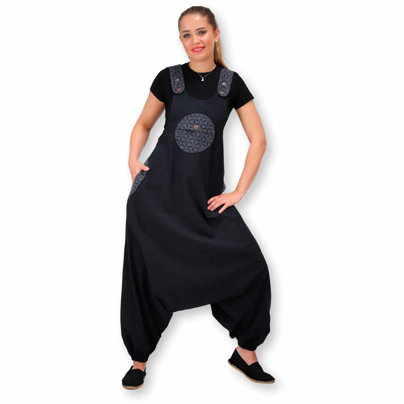 Kunst Und Magie Kunst und Magie Hippie Latzhose Haremshose Hose Goa Boho Jumpsuit Overall Blume des Lebens Valentinstagsangebot