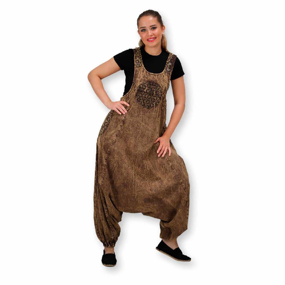 Kunst Und Magie Hippie Latzhose Haremshose Goa Hose Boho 70er Jumpsuit Overall Blume des Lebens Jubiläumsangebot
