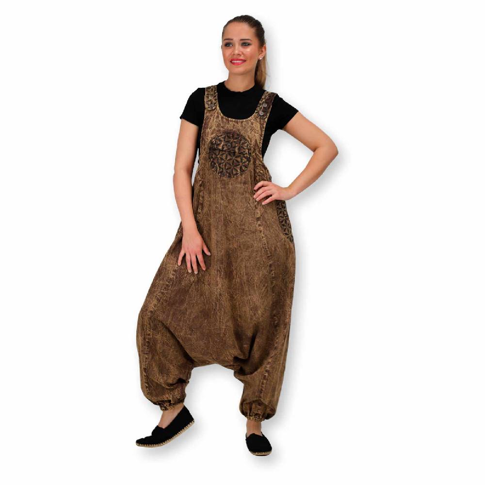 Kunst Und Magie Hippie Latzhose Haremshose Goa Hose Boho 70er Jumpsuit Overall Blume des Lebens Jubiläumsangebot