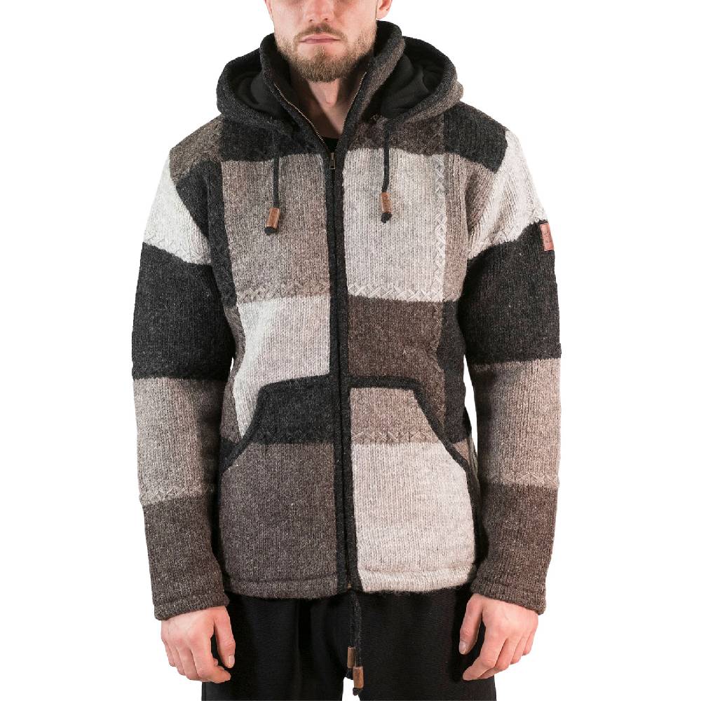 Kunst Und Magie Herren Strickjacke Patchwork Wolle Jacke mit abnehmbarer Kapuze und Fleecefutter Hippie Begrenzte Freigabe