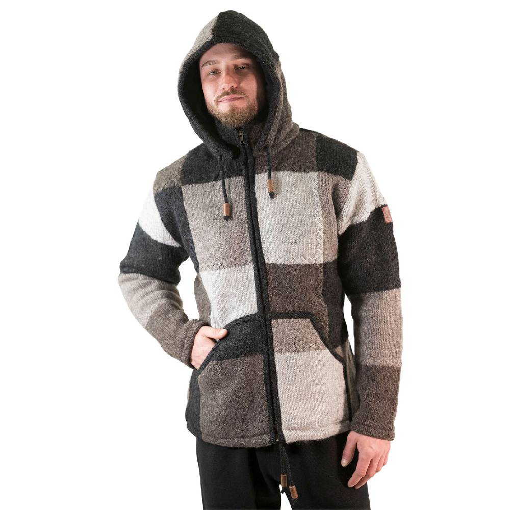 Kunst Und Magie Herren Strickjacke Patchwork Wolle Jacke mit abnehmbarer Kapuze und Fleecefutter Hippie Begrenzte Freigabe