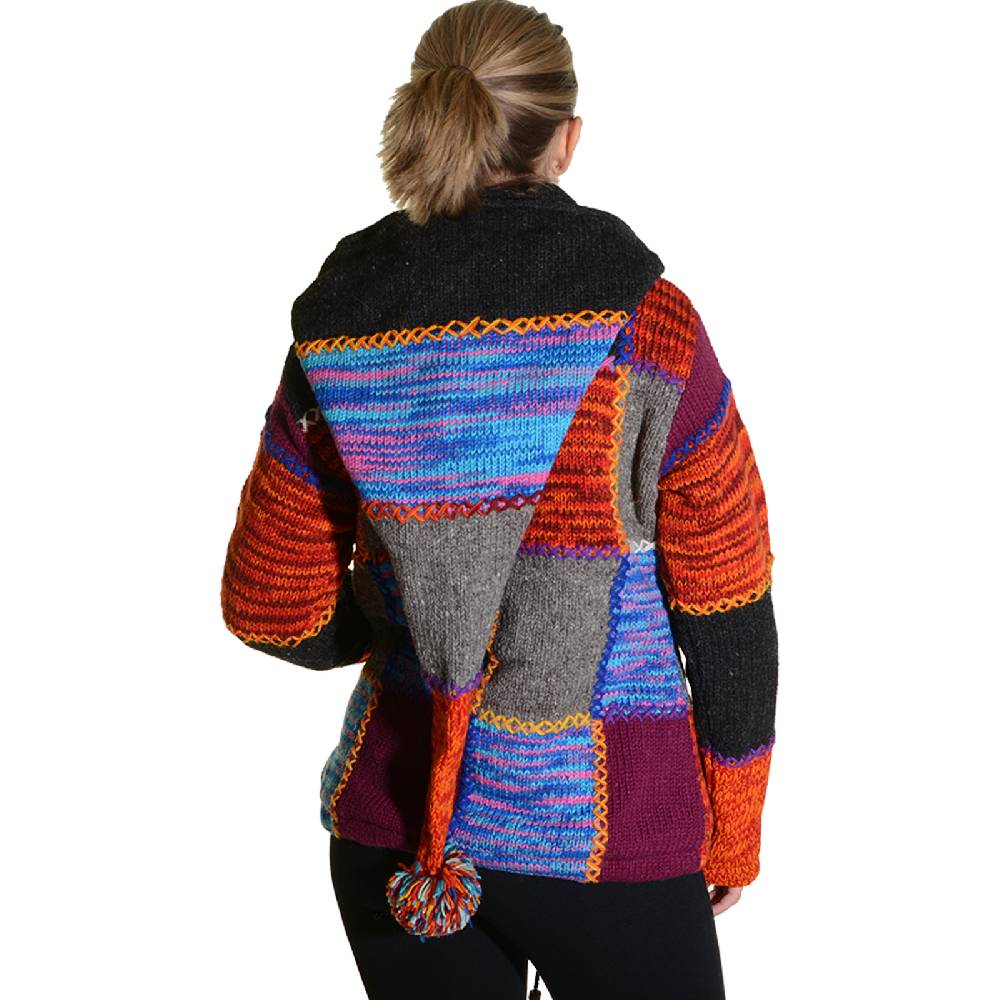 Kunst Und Magie Damen Strickjacke Goa Wolle Jacke mit Fleecefutter mit abnehmbarer Zipfelkapuze Letzte 3 Tage
