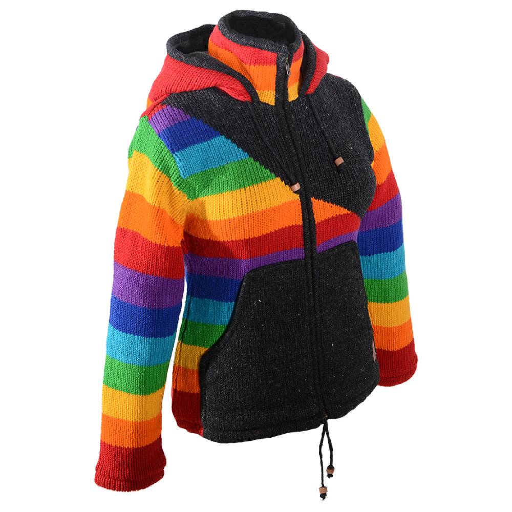 Kunst Und Magie Damen Goa Winter Strickjacke Wolle Fleecefutter abnehmbarer Zipfelkapuze Schwarz/Regenbogen JETZT KAUFEN