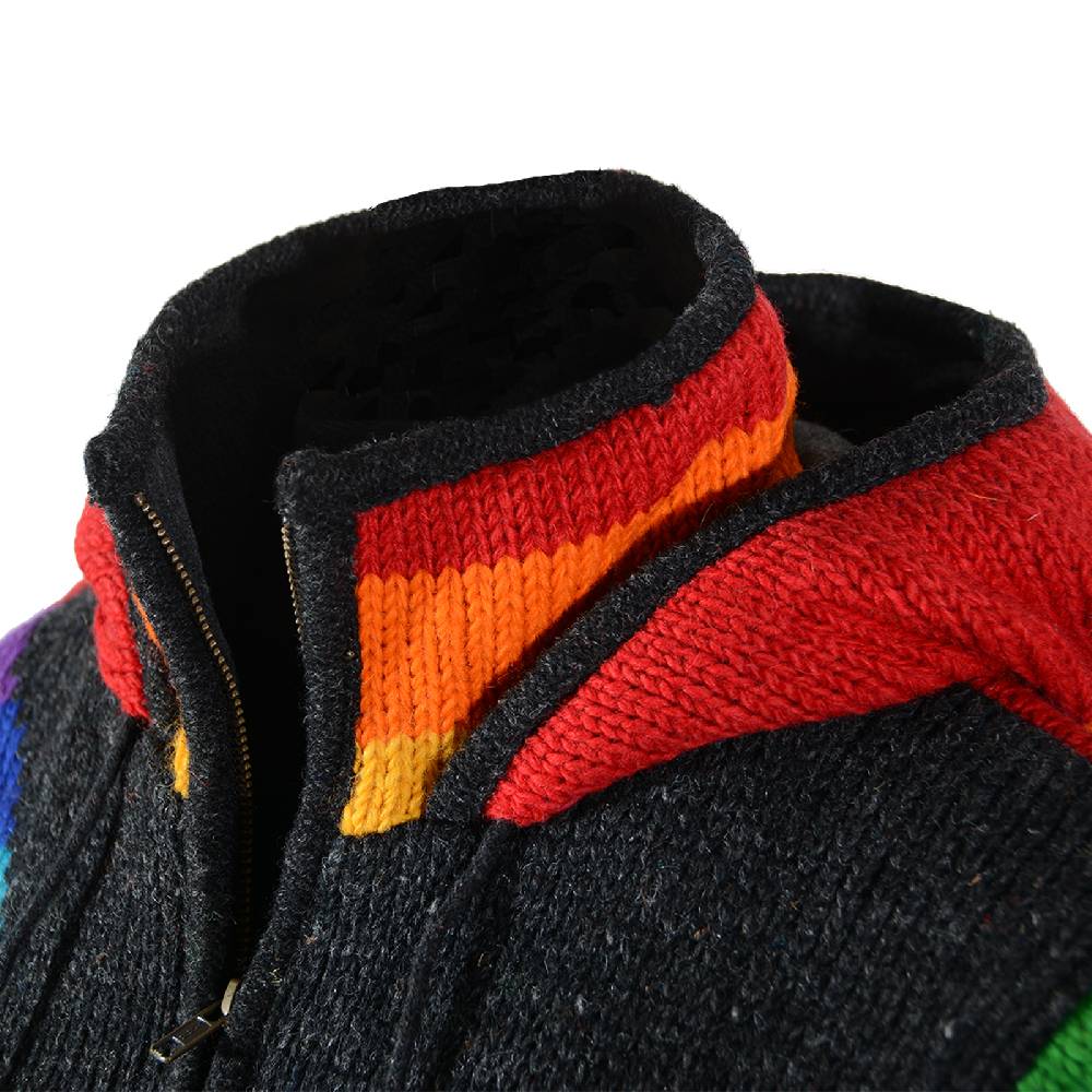 Kunst Und Magie Damen Goa Winter Strickjacke Wolle Fleecefutter abnehmbarer Zipfelkapuze Schwarz/Regenbogen JETZT KAUFEN
