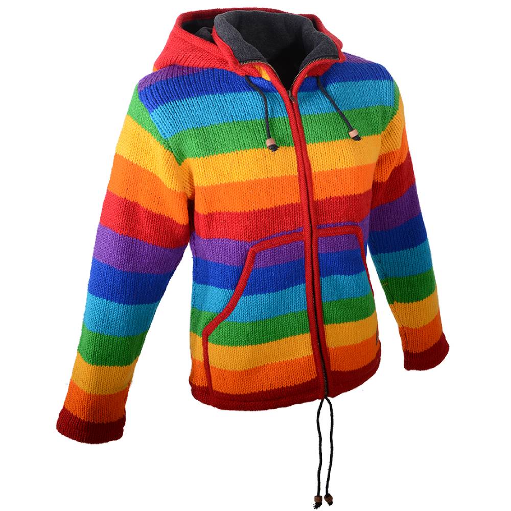 Kunst Und Magie Damen Regenbogen Strickjacke Goa Wolle Jacke mit Fleecefutter und abnehmbarer Zipfelkapuze Neueste Stile