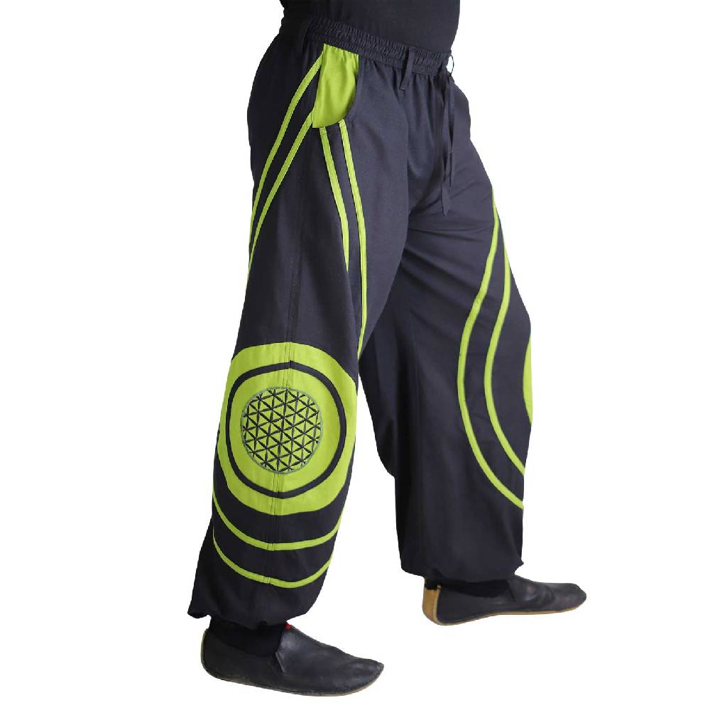 Kunst Und Magie Hose Blume des Lebens Goa Hippiehose Pluderhose mit Kordelzug Gürtelschlaufen Haremshose Flower of Life Letzte 2 Tage
